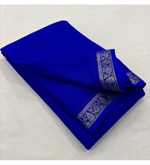 Women's Crepe Chit Pallu Solid Saree With Unstitched Blouse 5.5Mtr (Blue)