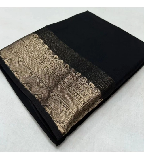 Women's Crepe Chit Pallu Solid Saree With Unstitched Blouse 5.5Mtr (Black)