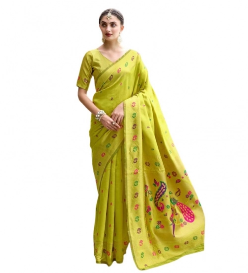 Women's Silk Blend Paithani Weaving Saree With Unstitched Blouse 5.5Mtr (Lime-Green)