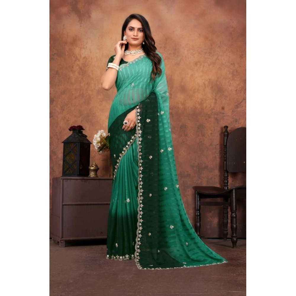 Women's Chiffon Embroidred Saree With Unstitched Blouse 5.5Mtr (Dark Green) Women's Chiffon Embroidred Saree With Unstitched Blouse 5.5Mtr (Dark Green)