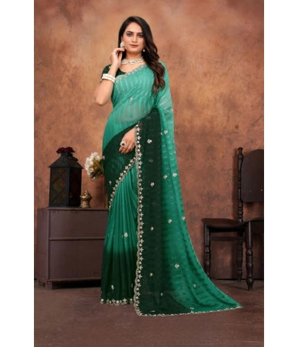 Women's Chiffon Embroidred Saree With Unstitched Blouse 5.5Mtr (Dark Green)