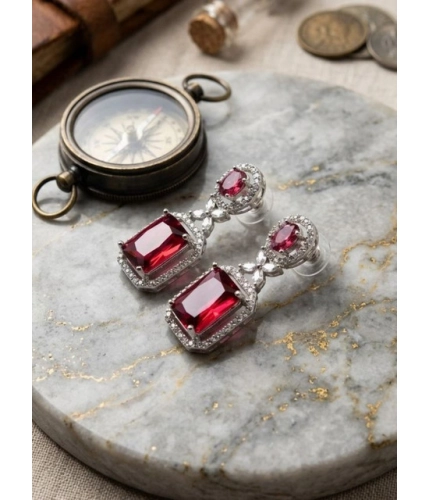 Women's Brass Silver Plated Drop Earrings (Red)