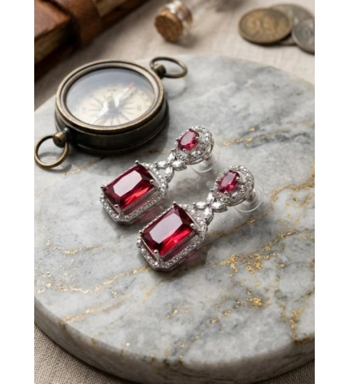 Women's Brass Silver Plated Drop Earrings (Red)