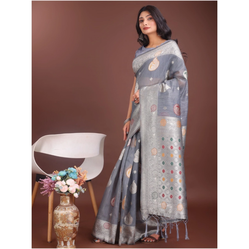 Women's Linen Cotton Printed Saree With Unstitched Blouse 5.5Mtr (Grey) Women's Linen Cotton Printed Saree With Unstitched Blouse 5.5Mtr (Grey)