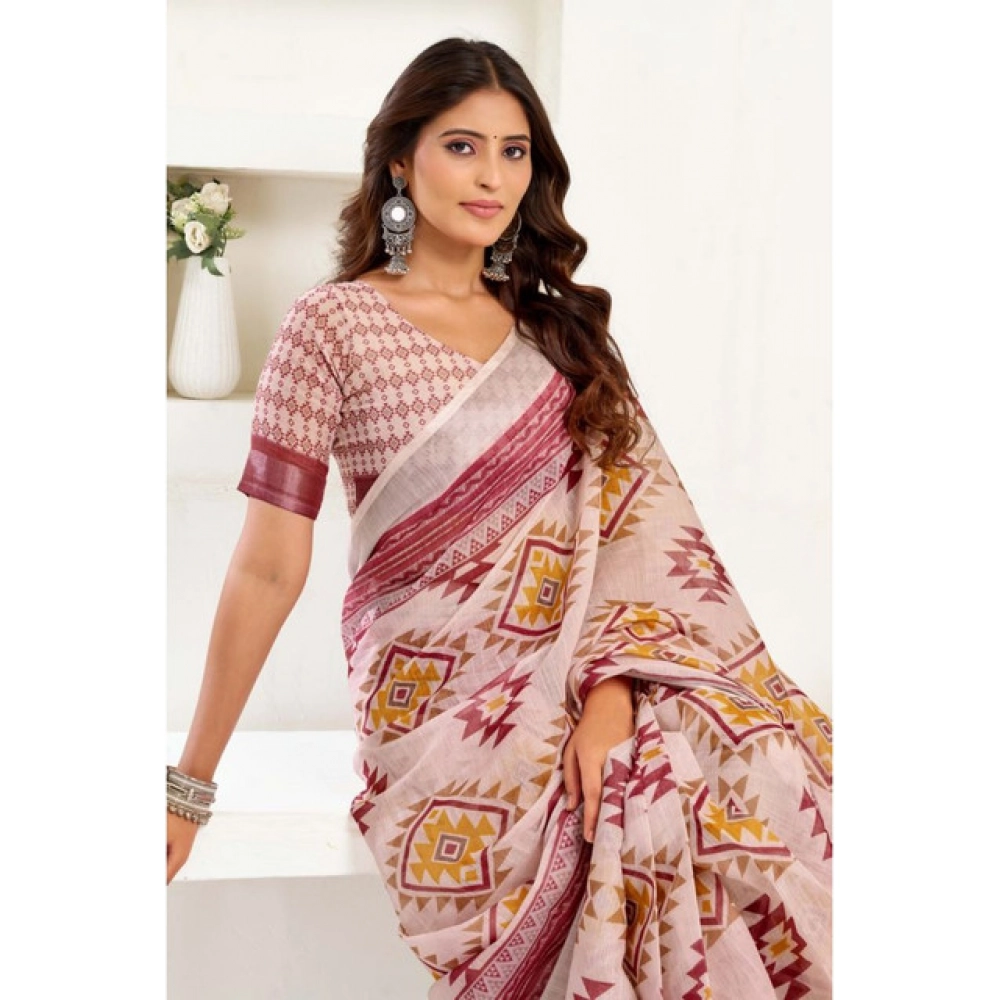 Women's Linen Cotton Printed Ready To Wear Saree With Unstitched Blouse 5.5 Mtr (Maroon)