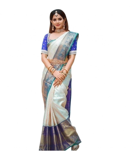 Women's Litchi silk Printed Saree With Unstitched Blouse (Off White)