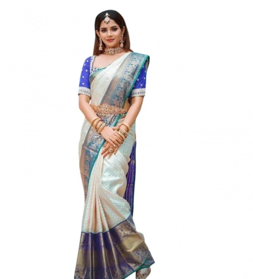 Women's Litchi silk Printed Saree With Unstitched Blouse (Off White)