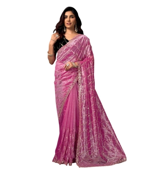 Women's Net Sequence Saree With Unstitched Blouse 5.5Mtr (Light Pink)