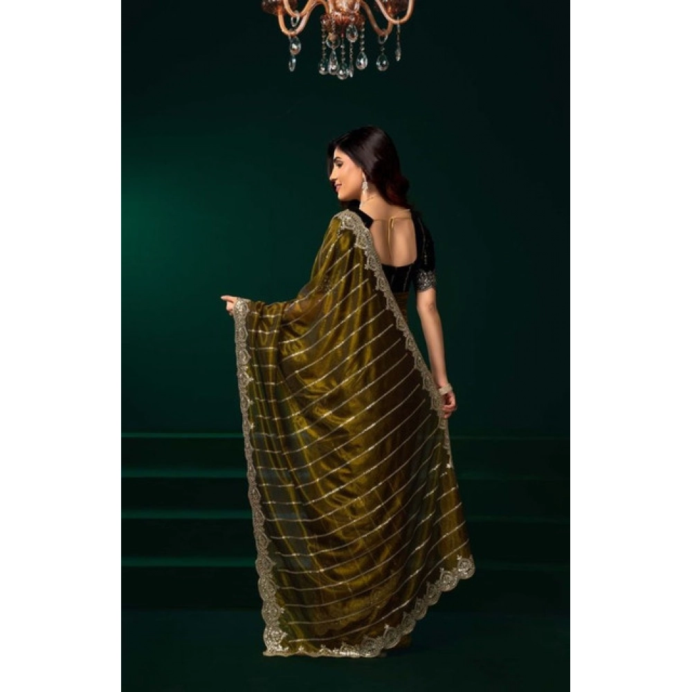 Women's Net Sequence Saree With Unstitched Blouse 5.5Mtr (Olive)