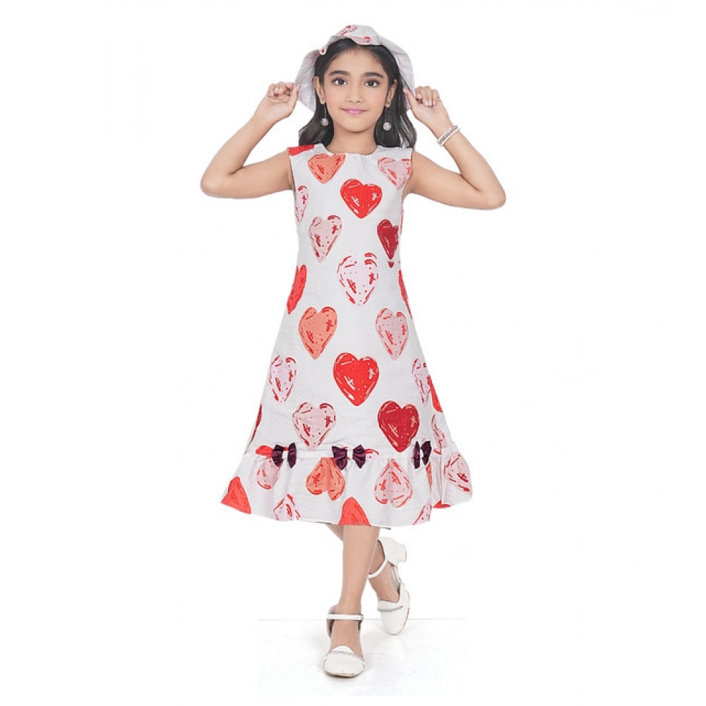 Girl's Popcorn Printed Sleeve Less Round Neck Dress (Red)
