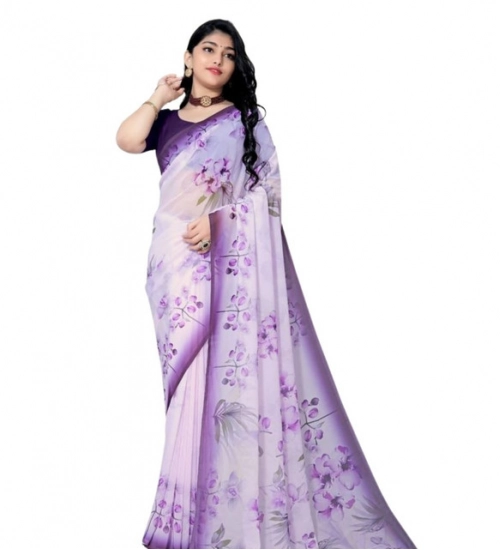 Women's Georgette Floral Printed Saree With Unstitched Blouse 5.5Mtr (Purple)