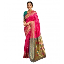 Women's Silk Blend Zari Weaving Saree With Unstitched Blouse 5.5Mtr (Pink)