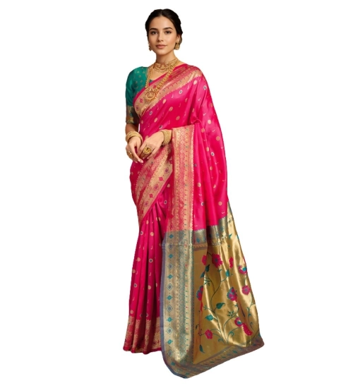Women's Silk Blend Zari Weaving Saree With Unstitched Blouse 5.5Mtr (Pink)