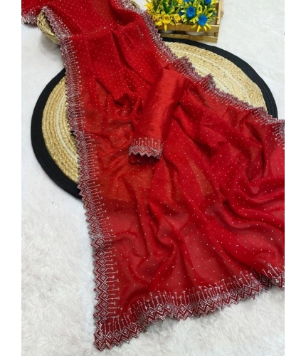 Women's Georgette Stone Work Saree With Unstitched Blouse 5.5Mtr (Red) Women's Georgette Stone Work Saree With Unstitched Blouse 5.5Mtr (Red)
