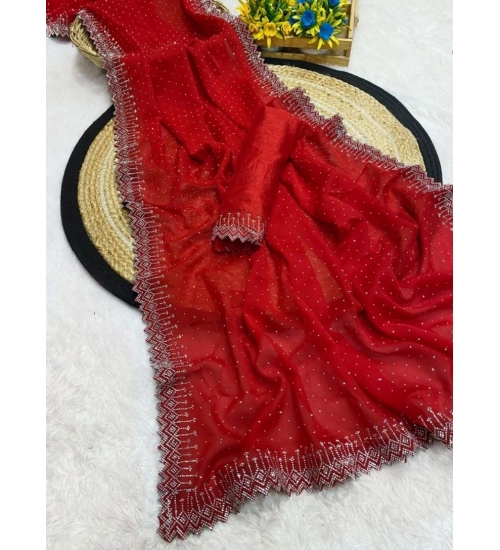 Women's Georgette Stone Work Saree With Unstitched Blouse 5.5Mtr (Red)