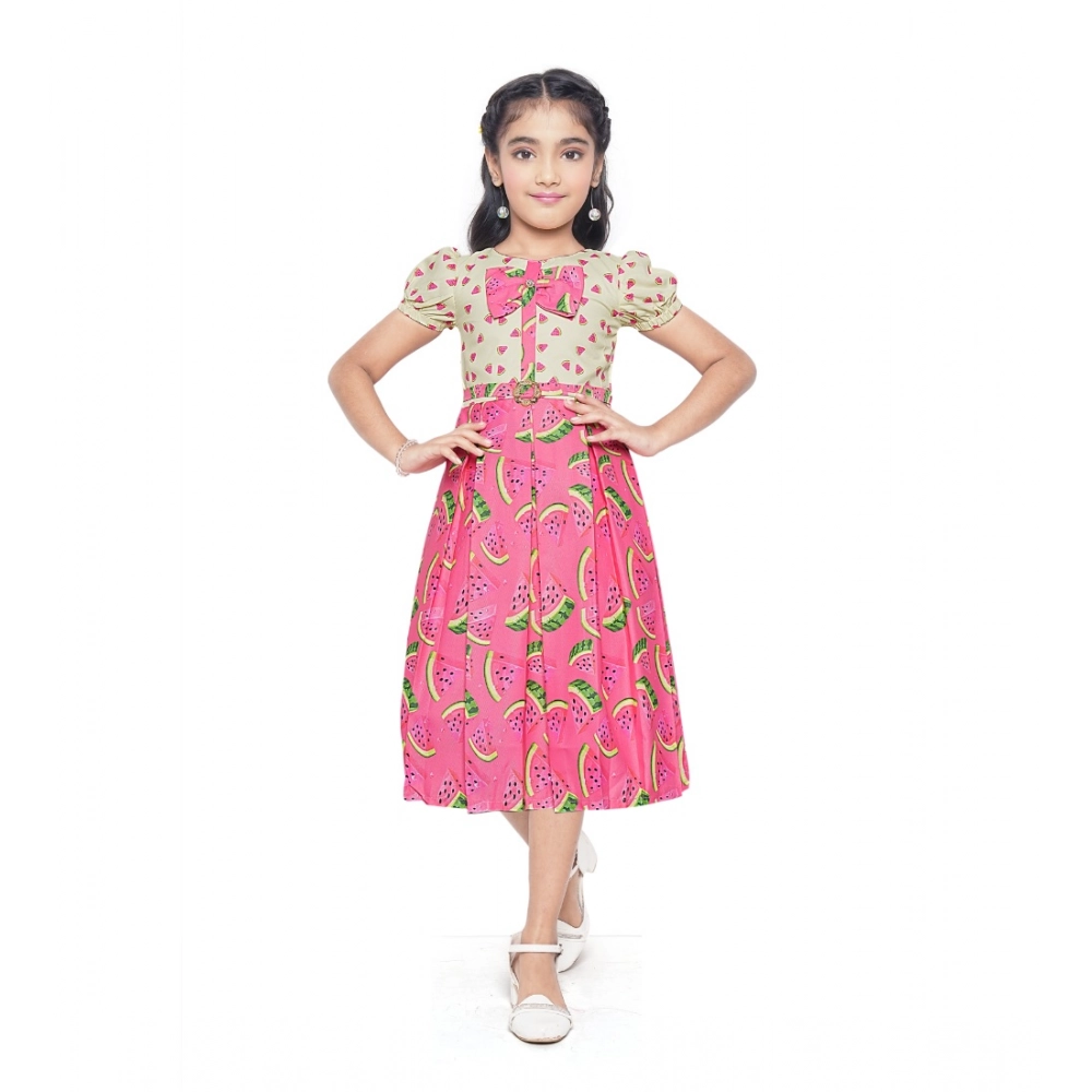 Girl's Twill Printed Short Sleeve Round Neck Dress (Pink) Girl's Twill Printed Short Sleeve Round Neck Dress (Pink)