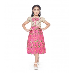 Girl's Twill Printed Short Sleeve Round Neck Dress (Pink)