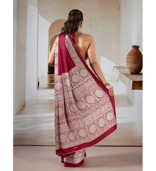 Women's Satin Crepe Printed Saree With Unstitched Blouse 5.5Mtr (Maroon)