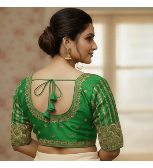 Women's Phantom Silk Embroidered Designer Neck Padded Blouse (Light Green 38 Ready (Alterable up to 42)