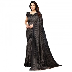 Women's Litchi silk Printed Saree With Unstitched Blouse  5-6 Mtrs (Black)