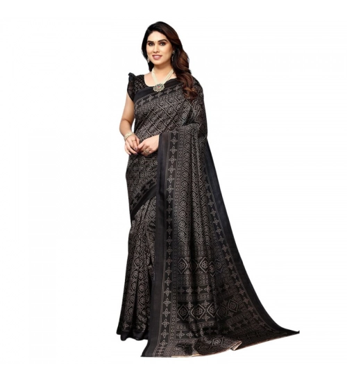 Women's Litchi silk Printed Saree With Unstitched Blouse  5-6 Mtrs (Black)
