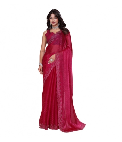Women's Jimmy choo Embellished Bollywood Saree With Unstitched Blouse 5.5Mtr (Red)