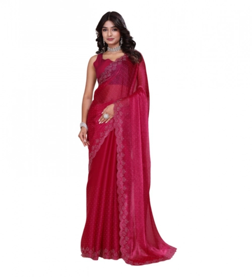 Women's Jimmy choo Embellished Bollywood Saree With Unstitched Blouse 5.5Mtr (Red)