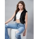 Women's Denim And Fur Solid Sleeveless Shrug (Black)
