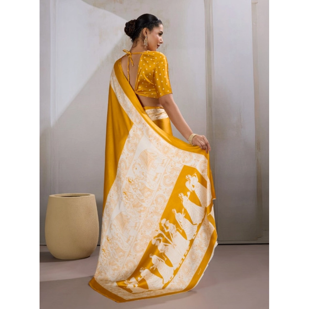 Women's Satin Crepe Printed Saree With Unstitched Blouse 5.5Mtr (Mustard)