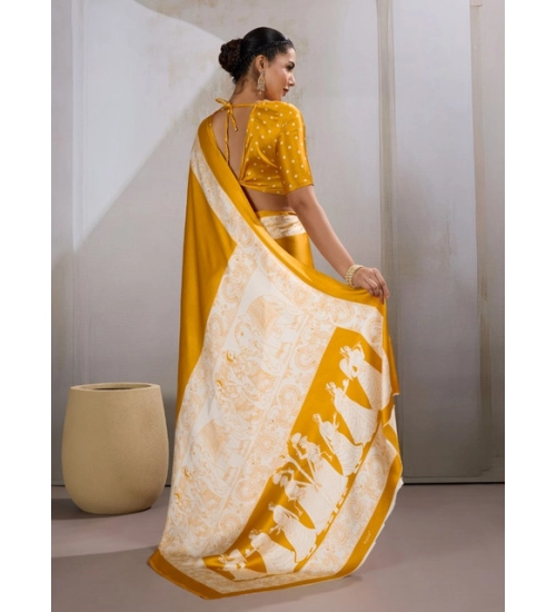 Women's Satin Crepe Printed Saree With Unstitched Blouse 5.5Mtr (Mustard)