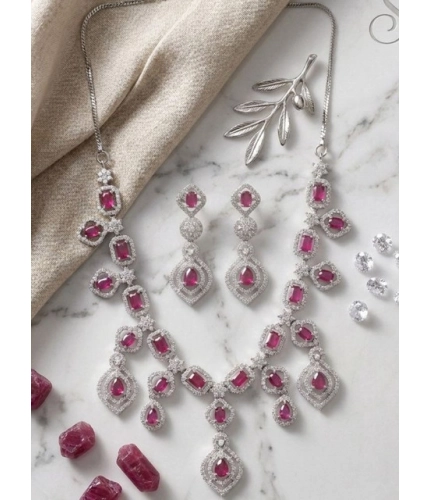 Women's Brass Silver Plated Necklace set (Red)