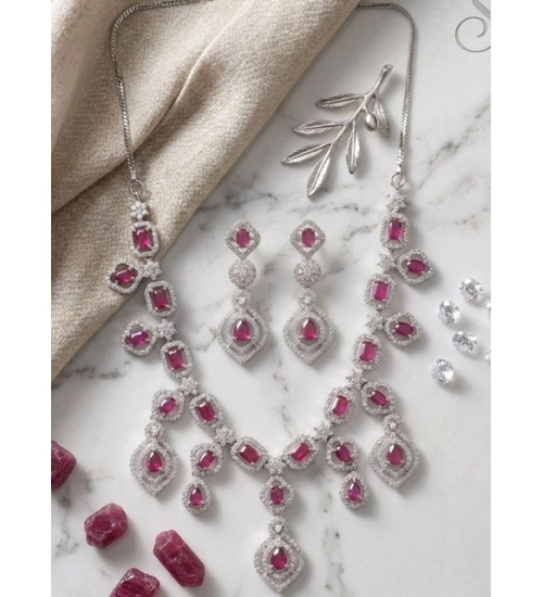Women's Brass Silver Plated Necklace set (Red)