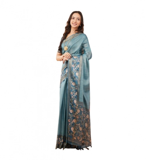 Women's Polyester Printed Saree With Unstitched Blouse 5.5 Mtr (Blue)