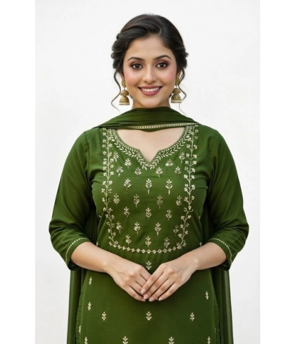 Women's Georgette Ethnic Motif Round 3/4th Sleeve Kurti With Pant Dupatta Set (Mahendi)