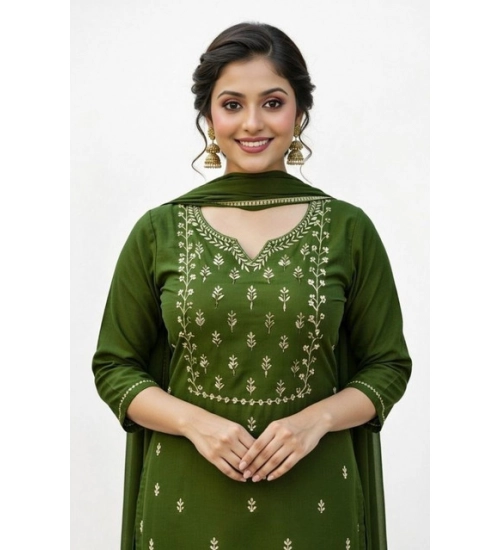 Women's Georgette Ethnic Motif Round 3/4th Sleeve Kurti With Pant Dupatta Set (Mahendi)