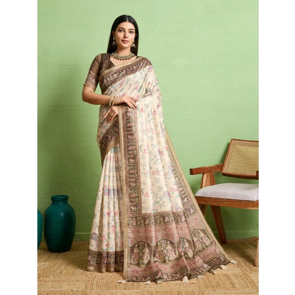 Women's Silk Blend Printed Saree With Unstitched Blouse 5.5Mtr (Cream) Women's Silk Blend Printed Saree With Unstitched Blouse 5.5Mtr (Cream)