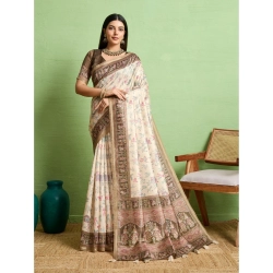 Women's Silk Blend Printed Saree With Unstitched Blouse 5.5Mtr (Cream)