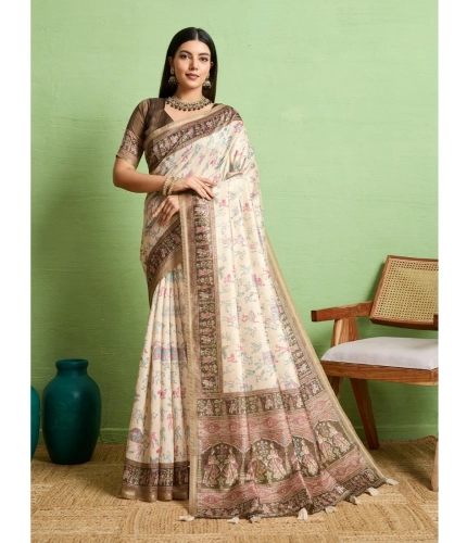 Women's Silk Blend Printed Saree With Unstitched Blouse 5.5Mtr (Cream)