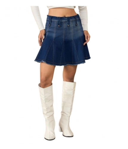 Women's Denim Washed Buttoned Skirt (Blue)