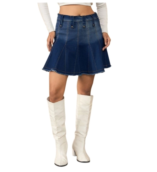 Women's Denim Washed Buttoned Skirt (Blue)