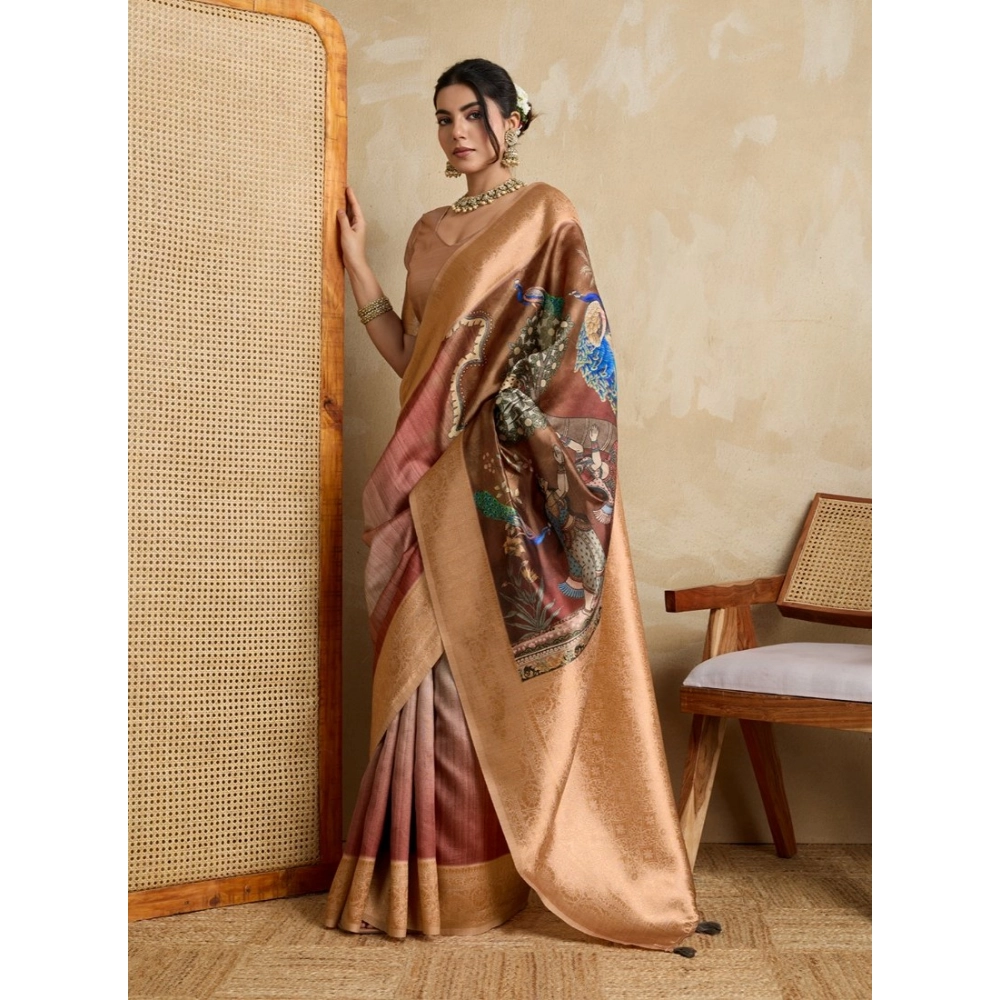 Women's Silk Printed Saree With Unstitched Blouse 5.5Mtr (Brown) Women's Silk Printed Saree With Unstitched Blouse 5.5Mtr (Brown)