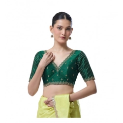 Women's Banarasi Silk Sequence V Neck Non Padded Blouse (Green 38 Ready (Alterable up to 42)