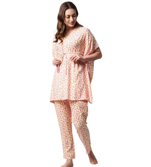 Women's Rayon Tie And Dye Kaftan Sleeve Night Suit (Multicolor)