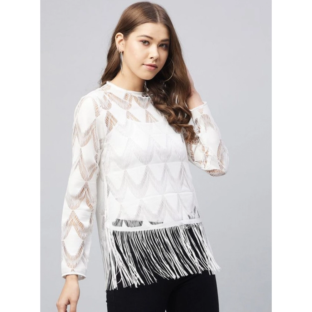 Women's Lace Self Design Short Sleeve Top (White)
