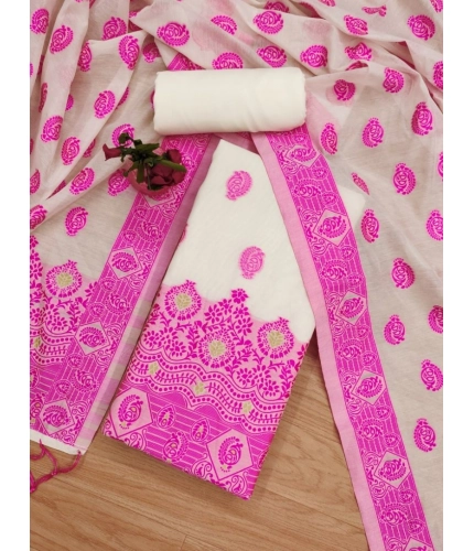 Women's Banarasi Silk Printed Unstitched Salwar Suit Material With Dupatta (Pink, 3Mtrs)