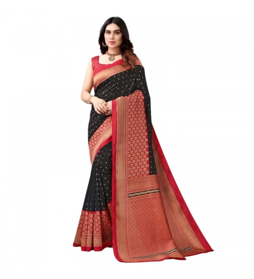 Women's Litchi silk Printed Saree With Unstitched Blouse  5-6 Mtrs (Black)