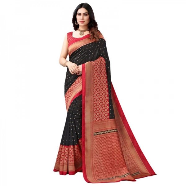 Dropship Women's Litchi silk Printed Saree With Unstitched Blouse  5-6 Mtrs (Black)