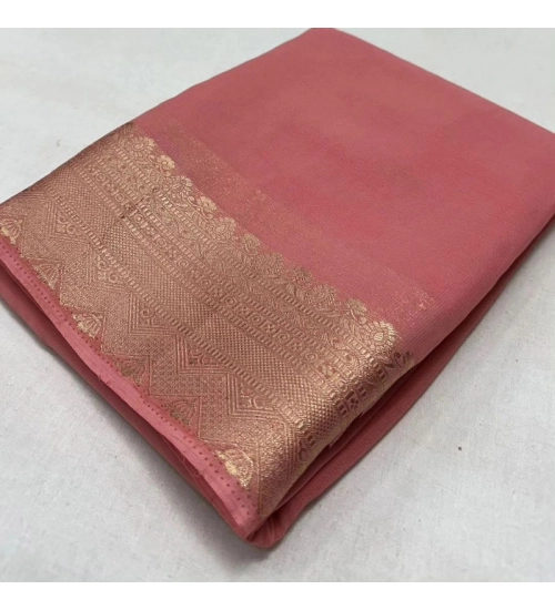 Women's Crepe Chit Pallu Solid Saree With Unstitched Blouse 5.5Mtr (Peach)