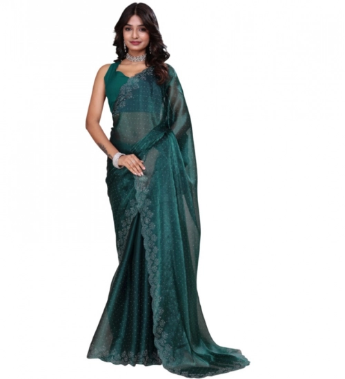 Women's Jimmy choo Embellished Bollywood Saree With Unstitched Blouse 5.5Mtr (Green)