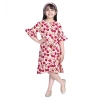 Girl's Polyester Crepe Floral Bell Sleeve Dress (Red-Pink)
